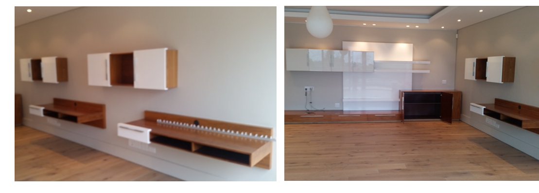 Custom-built interior shelving and floating cabinetry in a Bande Properties fit-out